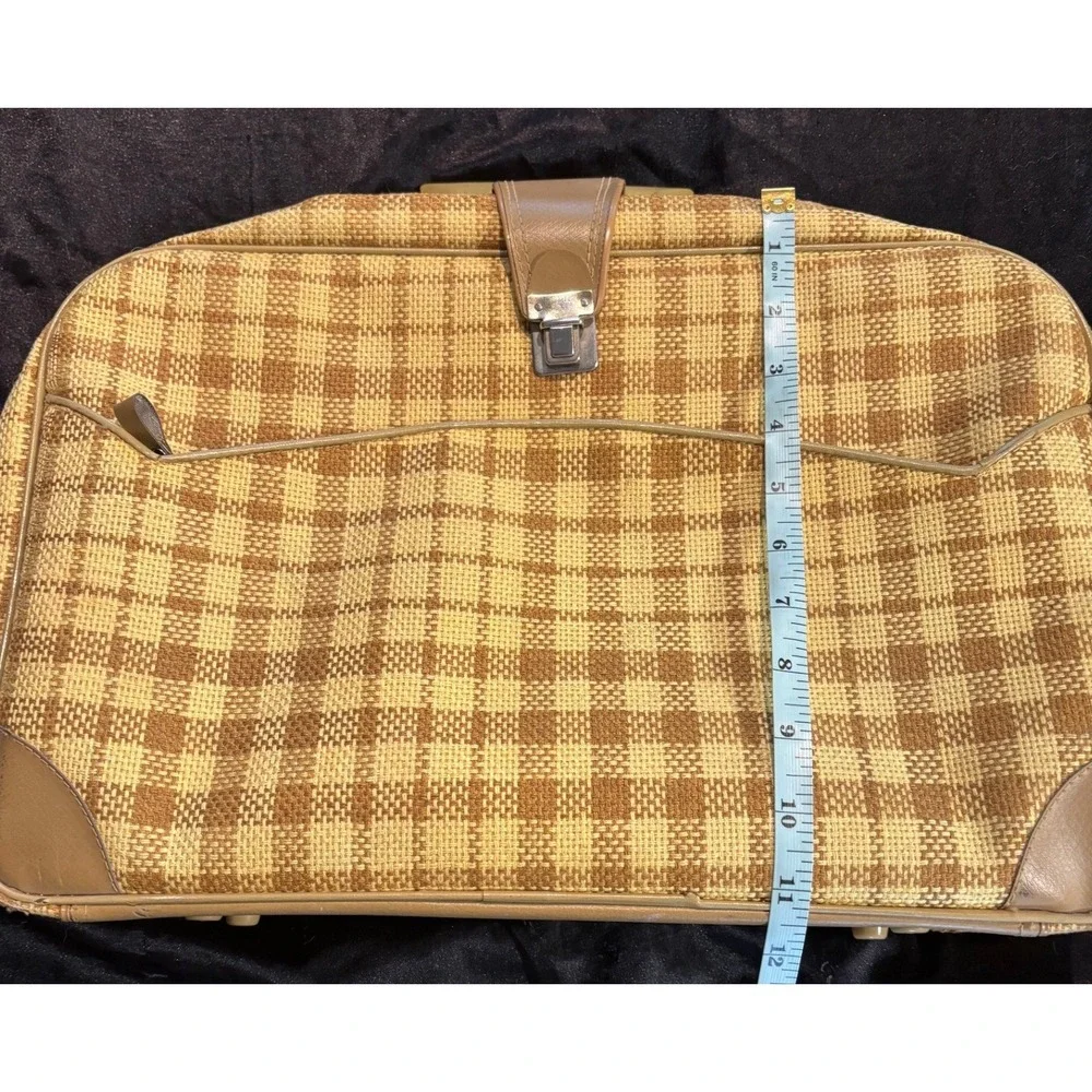 Vintage Plaid Suitcase Tan Yellow Woven Carry On Luggage Made Japan‎ Mid Century